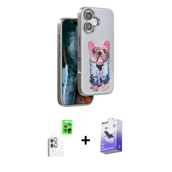 MARSİLYAN™- iPhone 16 Kılıf İz Minimal Koleksiyonu - Siyah Bilvis 5in1 5D Magic Hayalet Cam Ekran Koruyucu + Raze Metal Kamera Lens - BZ