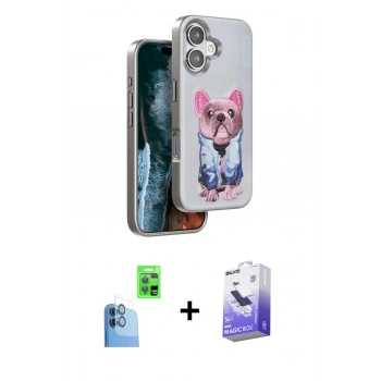 MARSİLYAN™- iPhone 16 Kılıf İz Minimal Koleksiyonu - Siyah Bilvis 5in1 5D Magic Hayalet Cam Ekran Koruyucu + Raze Metal Kamera Lens - LT