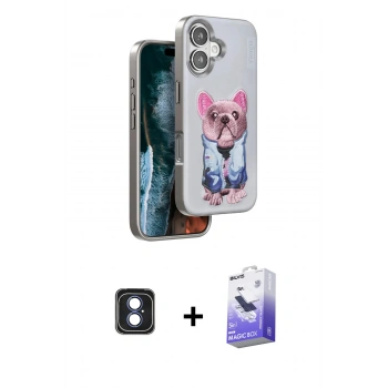 MARSİLYAN™- iPhone 16 Kılıf İz Minimal Koleksiyonu - Siyah Bilvis 5in1 5D Magic Hayalet Cam Ekran Koruyucu + PVD Metal Kamera Lens - MI