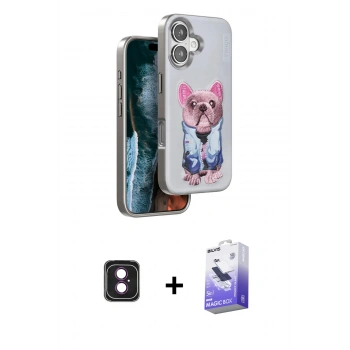 MARSİLYAN™- iPhone 16 Kılıf İz Minimal Koleksiyonu - Siyah Bilvis 5in1 5D Magic Hayalet Cam Ekran Koruyucu + PVD Metal Kamera Lens - PE