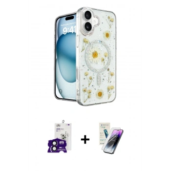 MARSİLYAN™- iPhone 16 Kılıf Kozmos Doku - Şeffaf Pasifik Cam Ekran Koruyucu + Bilvis Titan Kamera Lens - SH