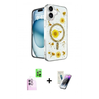 MARSİLYAN™- iPhone 16 Kılıf Kozmos Doku - Şeffaf Pasifik Cam Ekran Koruyucu + Raze Metal Kamera Lens - PE