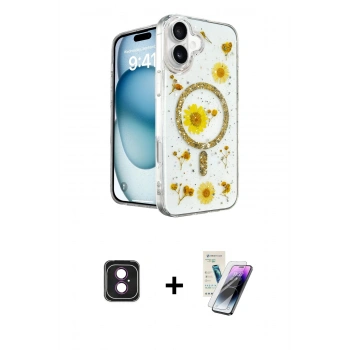 MARSİLYAN™- iPhone 16 Kılıf Kozmos Doku - Şeffaf Pasifik Cam Ekran Koruyucu + PVD Metal Kamera Lens - PE