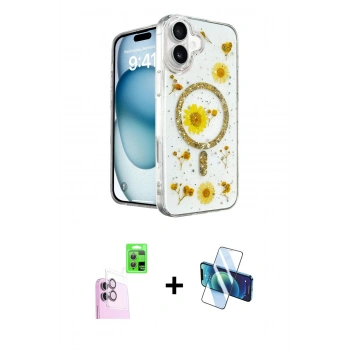 MARSİLYAN™- iPhone 16 Kılıf Kozmos Doku - Siyah 3D Antistatik Seramik Nano Ekran Koruyucu + Raze Metal Kamera Lens - PE