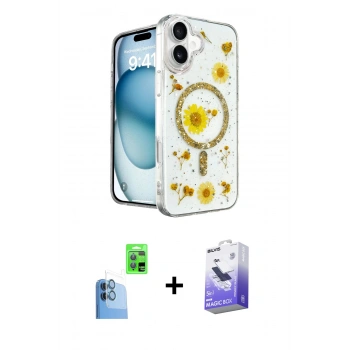 MARSİLYAN™- iPhone 16 Kılıf Kozmos Doku - Siyah Bilvis 5in1 5D Magic Hayalet Cam Ekran Koruyucu + Raze Metal Kamera Lens - LT