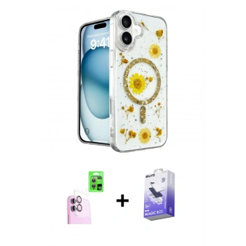 MARSİLYAN™- iPhone 16 Kılıf Kozmos Doku - Siyah Bilvis 5in1 5D Magic Hayalet Cam Ekran Koruyucu + Raze Metal Kamera Lens - PE