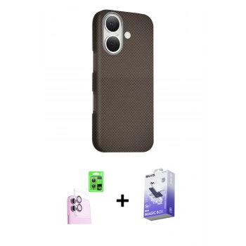 MARSİLYAN™- iPhone 16 Kılıf Kozmos Klasik Prime - Siyah Bilvis 5in1 5D Magic Hayalet Cam Ekran Koruyucu + Raze Metal Kamera Lens - PE