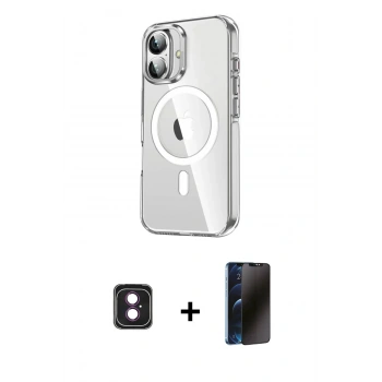 MARSİLYAN™- iPhone 16 Kılıf Nova Doku - Siyah 3D Antistatik Hayalet Cam Ekran Koruyucu + PVD Metal Kamera Lens - PE