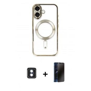 MARSİLYAN™- iPhone 16 Kılıf Nova Işık Özel Seri - Siyah 3D Antistatik Hayalet Cam Ekran Koruyucu + PVD Metal Kamera Lens - MI