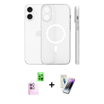 MARSİLYAN™- iPhone 16 Kılıf Pusula Minimal Koleksiyonu - Şeffaf Pasifik Cam Ekran Koruyucu + Raze Metal Kamera Lens - PE