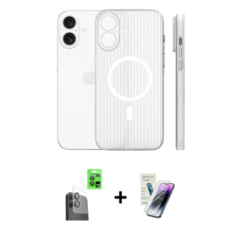 MARSİLYAN™- iPhone 16 Kılıf Pusula Minimal Koleksiyonu - Şeffaf Pasifik Cam Ekran Koruyucu + Raze Metal Kamera Lens - SH