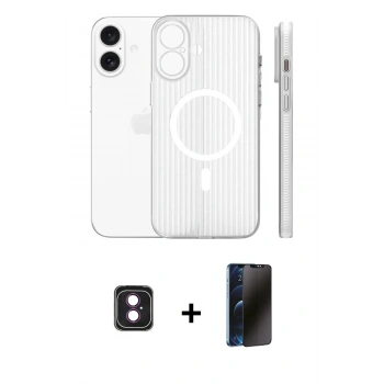 MARSİLYAN™- iPhone 16 Kılıf Pusula Minimal Koleksiyonu - Siyah 3D Antistatik Hayalet Cam Ekran Koruyucu + PVD Metal Kamera Lens - PE