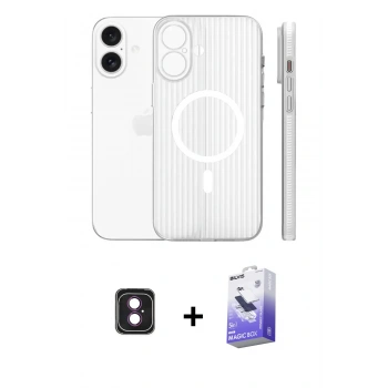 MARSİLYAN™- iPhone 16 Kılıf Pusula Minimal Koleksiyonu - Siyah Bilvis 5in1 5D Magic Hayalet Cam Ekran Koruyucu + PVD Metal Kamera Lens - PE