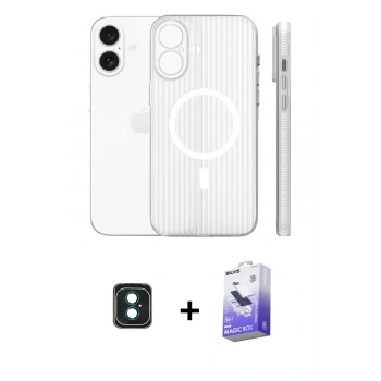 MARSİLYAN™- iPhone 16 Kılıf Pusula Minimal Koleksiyonu - Siyah Bilvis 5in1 5D Magic Hayalet Cam Ekran Koruyucu + PVD Metal Kamera Lens - YL