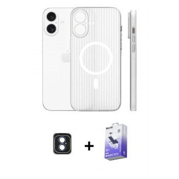 MARSİLYAN™- iPhone 16 Kılıf Pusula Minimal Koleksiyonu - Siyah Bilvis 5in1 5D Magic Hayalet Cam Ekran Koruyucu + PVD Metal Kamera Lens - MI
