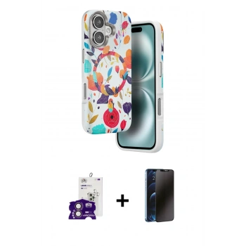 MARSİLYAN™- iPhone 16 Kılıf Siluet Doku - Siyah 3D Antistatik Hayalet Cam Ekran Koruyucu + Bilvis Titan Kamera Lens - PE