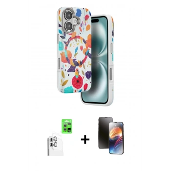 MARSİLYAN™- iPhone 16 Kılıf Siluet Doku - Siyah 3D Antistatik Mat Seramik Nano Ekran Koruyucu + Raze Metal Kamera Lens - BZ