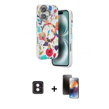 MARSİLYAN™- iPhone 16 Kılıf Siluet Doku - Siyah 3D Antistatik Mat Seramik Nano Ekran Koruyucu + PVD Metal Kamera Lens - PE