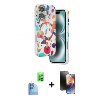 MARSİLYAN™- iPhone 16 Kılıf Siluet Doku - Siyah 3D Antistatik Mat Seramik Nano Ekran Koruyucu + Raze Metal Kamera Lens - LT