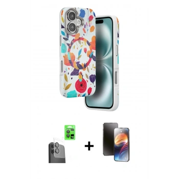 MARSİLYAN™- iPhone 16 Kılıf Siluet Doku - Siyah 3D Antistatik Mat Seramik Nano Ekran Koruyucu + Raze Metal Kamera Lens - SH