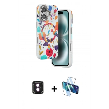 MARSİLYAN™- iPhone 16 Kılıf Siluet Doku - Siyah 3D Antistatik Seramik Nano Ekran Koruyucu + PVD Metal Kamera Lens - PE