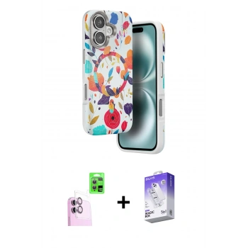 MARSİLYAN™- iPhone 16 Kılıf Siluet Doku - Siyah Bilvis 5in1 3D Magic Cam Ekran Koruyucu + Raze Metal Kamera Lens - PE