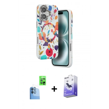 MARSİLYAN™- iPhone 16 Kılıf Siluet Doku - Siyah Bilvis 5in1 5D Magic Hayalet Cam Ekran Koruyucu + Raze Metal Kamera Lens - LT