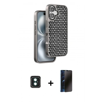 MARSİLYAN™- iPhone 16 Kılıf Siluet Form Serisi - Siyah 3D Antistatik Hayalet Cam Ekran Koruyucu + PVD Metal Kamera Lens - YL