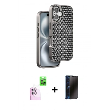 MARSİLYAN™- iPhone 16 Kılıf Siluet Form Serisi - Siyah 3D Antistatik Hayalet Cam Ekran Koruyucu + Raze Metal Kamera Lens - PE