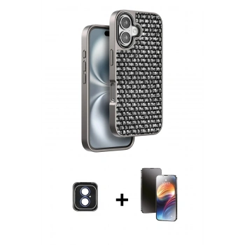 MARSİLYAN™- iPhone 16 Kılıf Siluet Form Serisi - Siyah 3D Antistatik Mat Seramik Nano Ekran Koruyucu + PVD Metal Kamera Lens - MI
