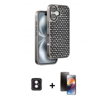 MARSİLYAN™- iPhone 16 Kılıf Siluet Form Serisi - Siyah 3D Antistatik Mat Seramik Nano Ekran Koruyucu + PVD Metal Kamera Lens - PE