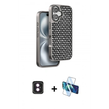 MARSİLYAN™- iPhone 16 Kılıf Siluet Form Serisi - Siyah 3D Antistatik Seramik Nano Ekran Koruyucu + PVD Metal Kamera Lens - PE
