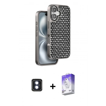 MARSİLYAN™- iPhone 16 Kılıf Siluet Form Serisi - Siyah Bilvis 5in1 3D Magic Cam Ekran Koruyucu + PVD Metal Kamera Lens - MI
