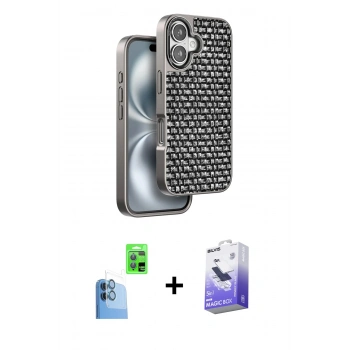 MARSİLYAN™- iPhone 16 Kılıf Siluet Form Serisi - Siyah Bilvis 5in1 5D Magic Hayalet Cam Ekran Koruyucu + Raze Metal Kamera Lens - LT