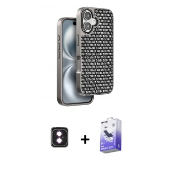 MARSİLYAN™- iPhone 16 Kılıf Siluet Form Serisi - Siyah Bilvis 5in1 5D Magic Hayalet Cam Ekran Koruyucu + PVD Metal Kamera Lens - PE