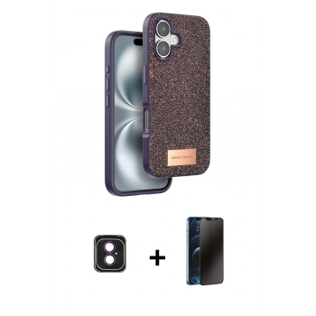 MARSİLYAN™- iPhone 16 Kılıf Vadi Klasik Serisi - Siyah 3D Antistatik Hayalet Cam Ekran Koruyucu + PVD Metal Kamera Lens - PE