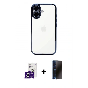 MARSİLYAN™- iPhone 16 Kılıf Vadi Minimal - Siyah 3D Antistatik Hayalet Cam Ekran Koruyucu + Bilvis Titan Kamera Lens - SH