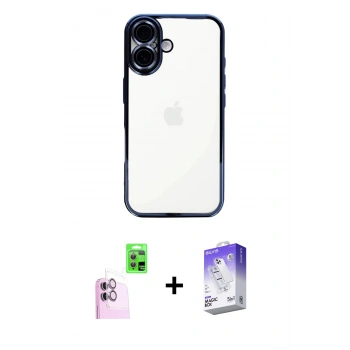 MARSİLYAN™- iPhone 16 Kılıf Vadi Minimal - Siyah Bilvis 5in1 3D Magic Cam Ekran Koruyucu + Raze Metal Kamera Lens - PE