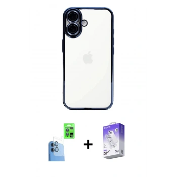 MARSİLYAN™- iPhone 16 Kılıf Vadi Minimal - Siyah Bilvis 5in1 3D Magic Cam Ekran Koruyucu + Raze Metal Kamera Lens - LT