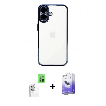 MARSİLYAN™- iPhone 16 Kılıf Vadi Minimal - Siyah Bilvis 5in1 5D Magic Hayalet Cam Ekran Koruyucu + Raze Metal Kamera Lens - BZ