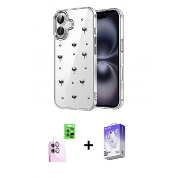 MARSİLYAN™- iPhone 16 Kılıf Yörünge Form - Siyah Bilvis 5in1 3D Magic Cam Ekran Koruyucu + Raze Metal Kamera Lens - PE