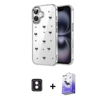 MARSİLYAN™- iPhone 16 Kılıf Yörünge Form - Siyah Bilvis 5in1 5D Magic Hayalet Cam Ekran Koruyucu + PVD Metal Kamera Lens - PE