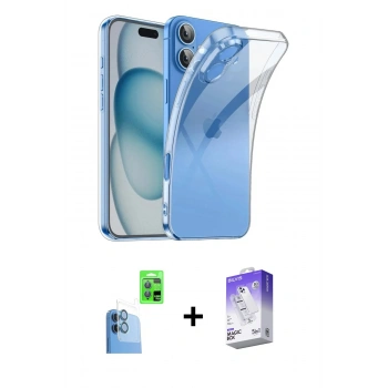 MARSİLYAN™- iPhone 16 Kılıf Zirve Doku - Siyah Bilvis 5in1 3D Magic Cam Ekran Koruyucu + Raze Metal Kamera Lens - LT