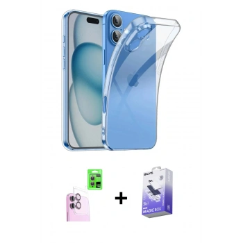 MARSİLYAN™- iPhone 16 Kılıf Zirve Doku - Siyah Bilvis 5in1 5D Magic Hayalet Cam Ekran Koruyucu + Raze Metal Kamera Lens - PE