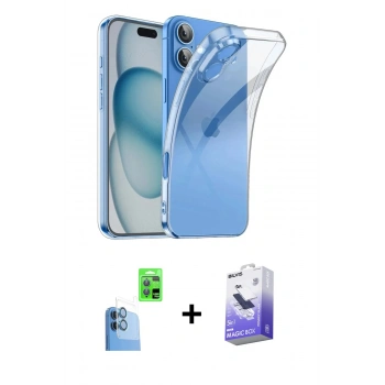 MARSİLYAN™- iPhone 16 Kılıf Zirve Doku - Siyah Bilvis 5in1 5D Magic Hayalet Cam Ekran Koruyucu + Raze Metal Kamera Lens - LT