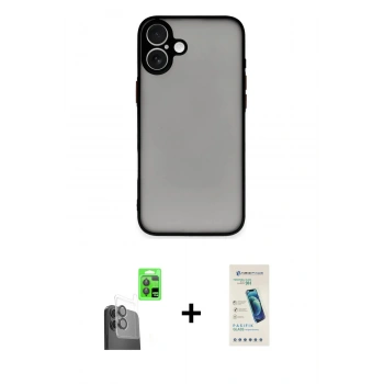 MARSİLYAN™- iPhone 16 Plus Kılıf Ahenk Çizgi Serisi - Şeffaf Pasifik Cam Ekran Koruyucu + Raze Metal Kamera Lens - SH