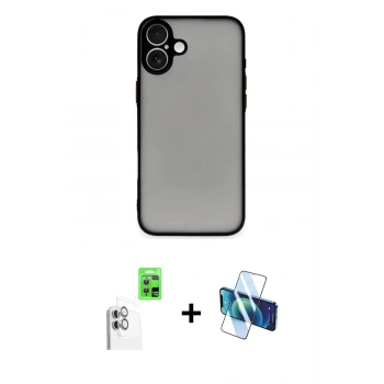 MARSİLYAN™- iPhone 16 Plus Kılıf Ahenk Çizgi Serisi - Siyah 3D Antistatik Cam Ekran Koruyucu + Raze Metal Kamera Lens - BZ