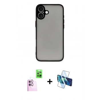 MARSİLYAN™- iPhone 16 Plus Kılıf Ahenk Çizgi Serisi - Siyah 3D Antistatik Cam Ekran Koruyucu + Raze Metal Kamera Lens - PE