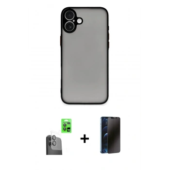 MARSİLYAN™- iPhone 16 Plus Kılıf Ahenk Çizgi Serisi - Siyah 3D Antistatik Hayalet Cam Ekran Koruyucu + Raze Metal Kamera Lens - SH