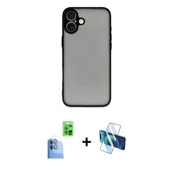 MARSİLYAN™- iPhone 16 Plus Kılıf Ahenk Çizgi Serisi - Siyah 3D Antistatik Seramik Nano Ekran Koruyucu + Raze Metal Kamera Lens - LT